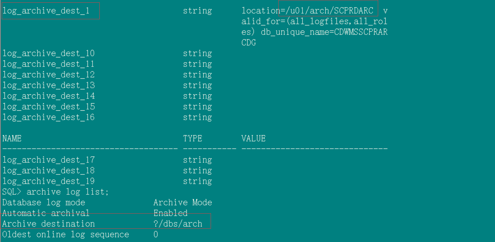 Log archive dest 1 